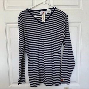 Crazy Horse Womens Large Blue Gray Stripe Henley Knit Vneck Top New Long Sleeve